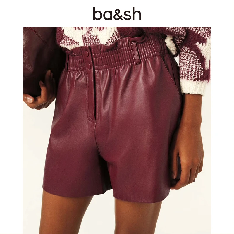 【流光风】ba&sh 老钱风时尚气质通勤酒红色羊皮高腰短裤女1H24AGLA