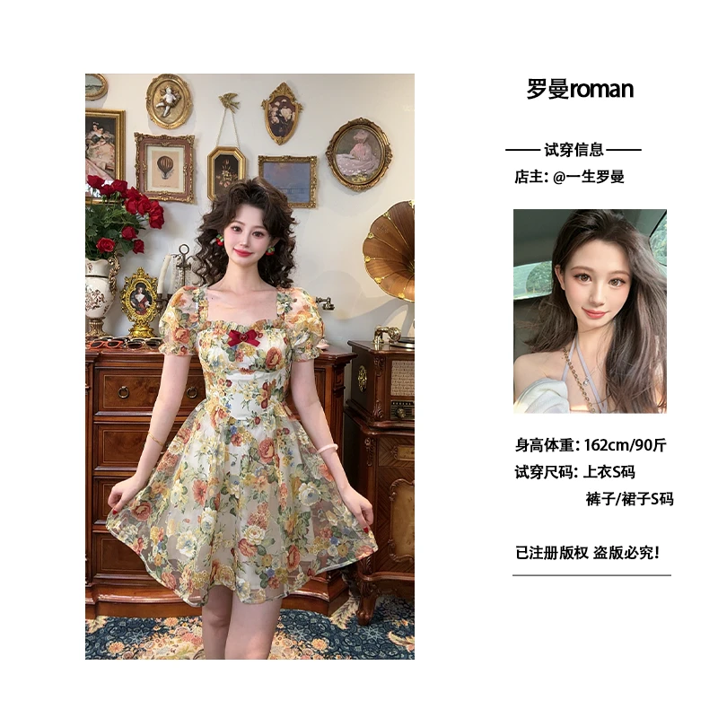 一生罗曼【小熊出没】法式复古油画高级感方领公主风连衣裙L1156