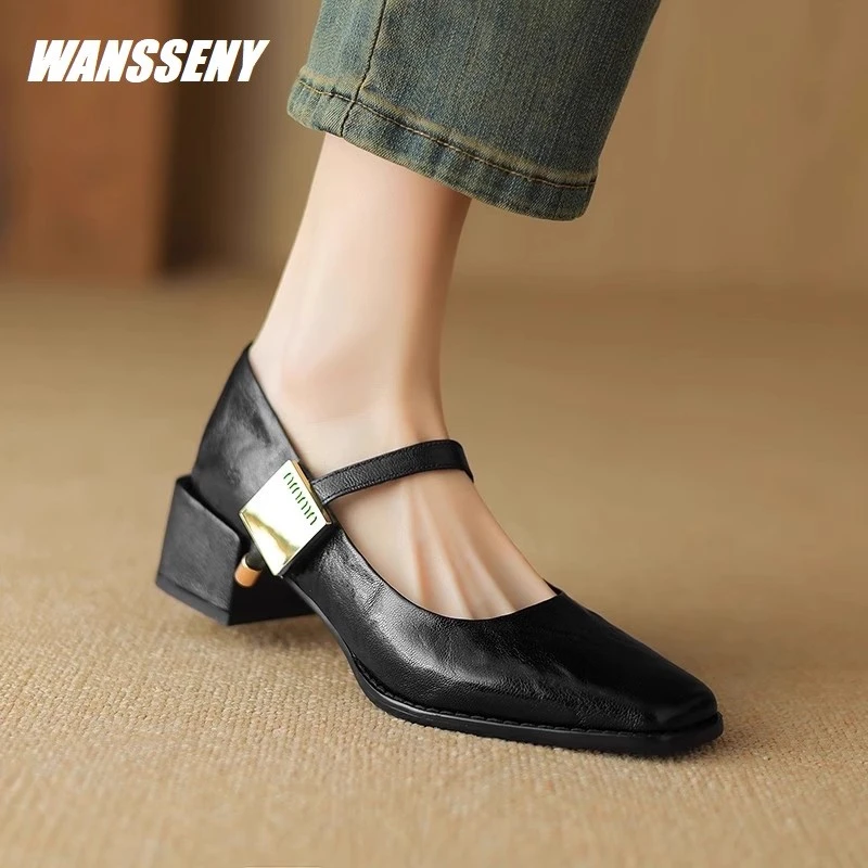 WANSSENY2025年方头法式粗中跟一字扣玛丽珍鞋真皮粗跟复古单鞋女