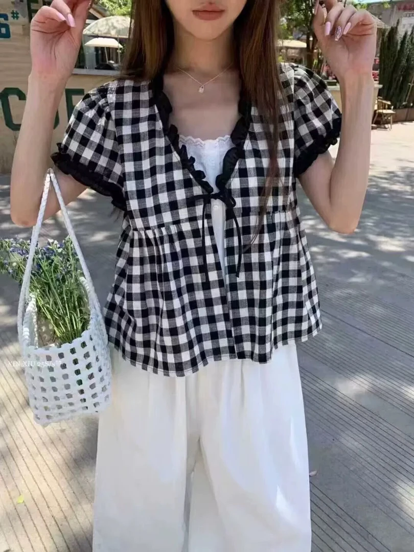 夏季新款复古格子短袖设计感假两件单排扣绑带衬衫112