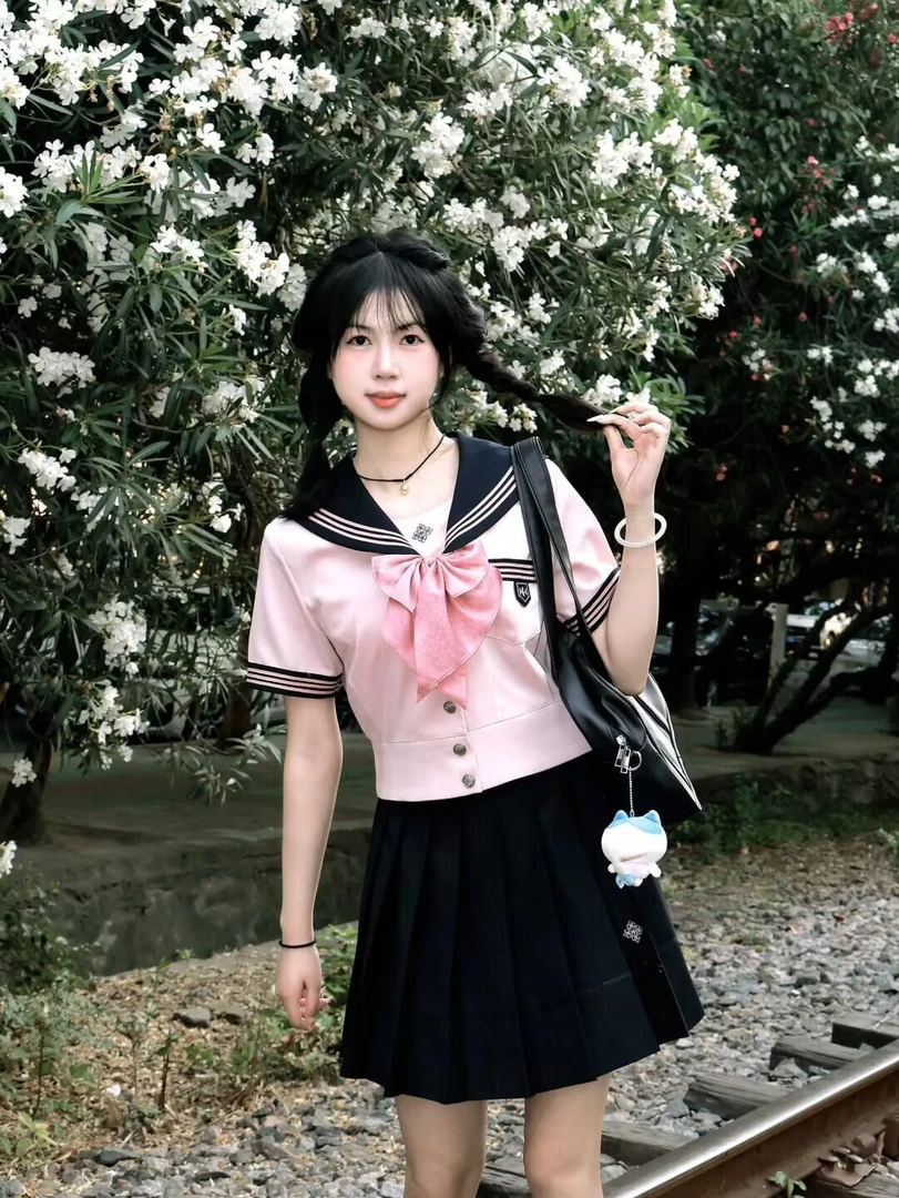 【抚蝶女子】原创夏季日系JK制服学院风粉色水手服套装收腰显瘦女