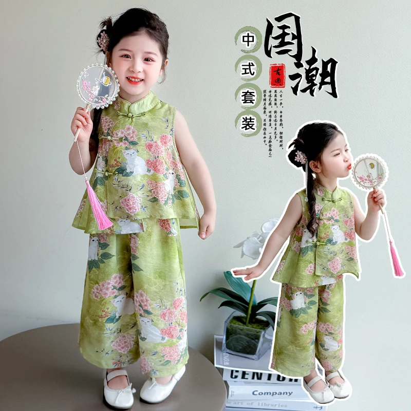女童唐装夏季儿童新中式套装2025新款宝宝背心汉服女孩六一表演服