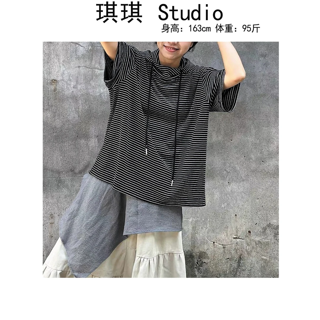 《琪琪家》早秋新款重工设计抽绳连帽拼色条纹帽衫短袖上衣9821-CS