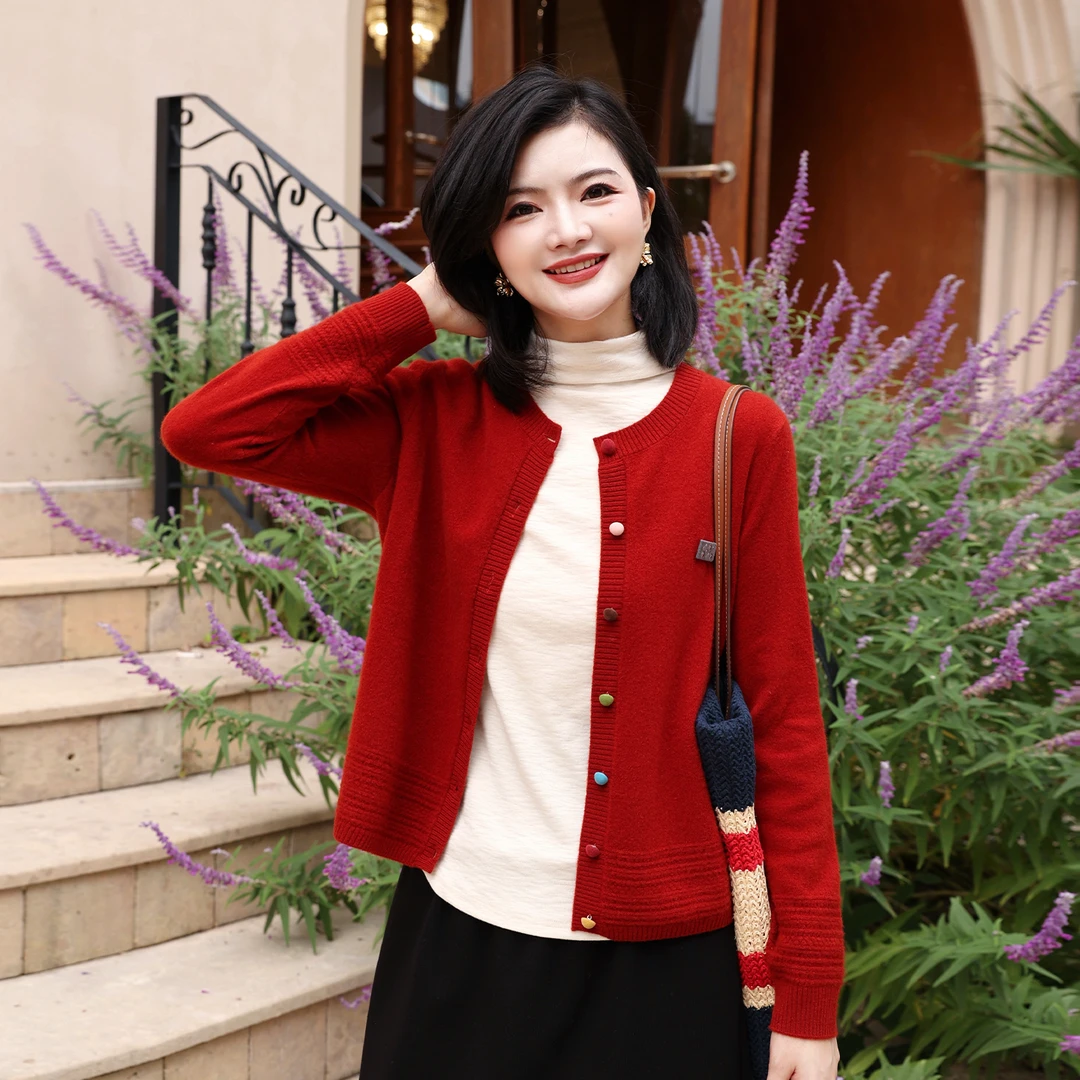 枫竺阿楠anan全羊毛圆领彩扣针织开衫外套女秋季上衣外穿毛衣