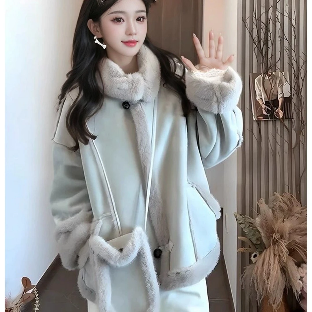 【运费险+现货】2024新款女冬季韩版皮毛一体毛毛外套机车服短款