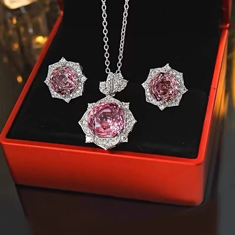 合金合成锆石项链 2608高级轻奢时尚玫瑰切粉色项链