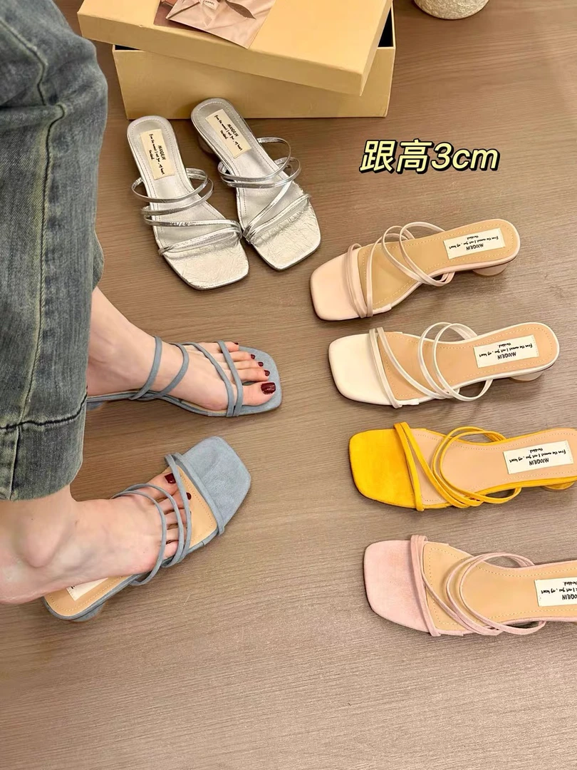 titing韩女心事！气质方头一字带粗跟凉拖女夏韩版细带平底凉鞋