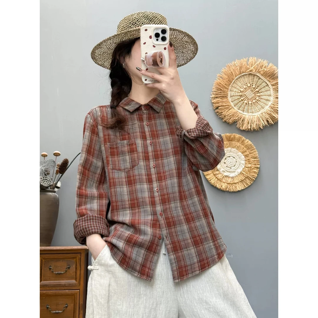 格纹长袖衬衫女春季新款洋胖MM显瘦百搭上衣复古休闲小衫女款