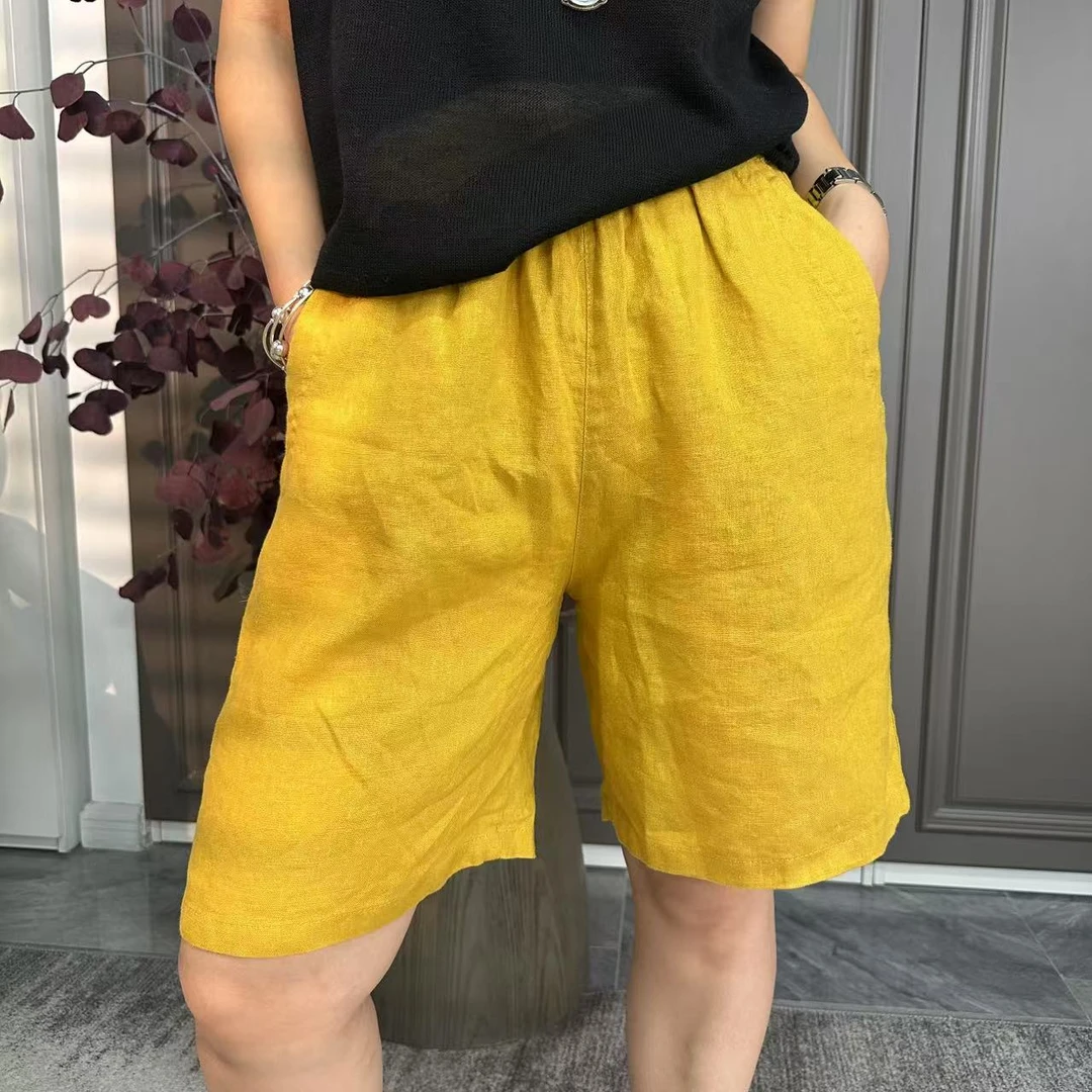 【广州微姐】夏季时尚休闲百搭麻料薄款纯色宽松短裤7532