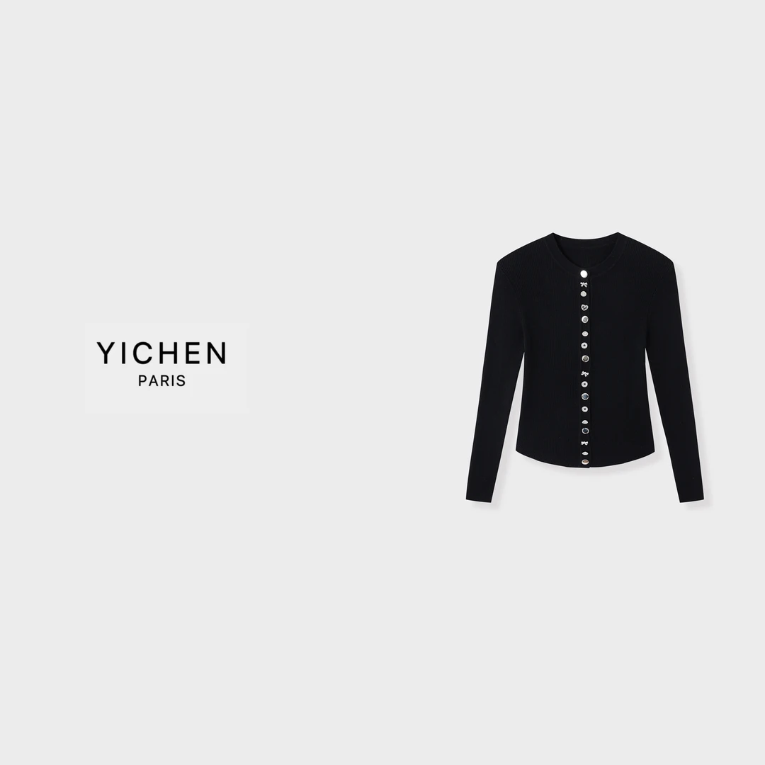 YC 黑色不规则装饰扣修身版型针织开衫-6114