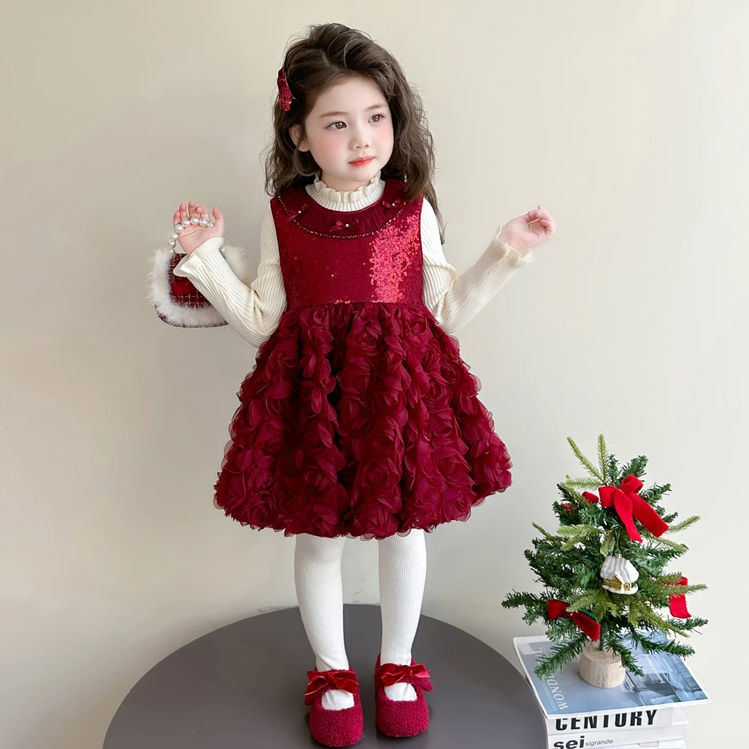 女童裙子冬装2025新款宝宝冬季加绒连衣裙周岁儿童礼服套装公主裙