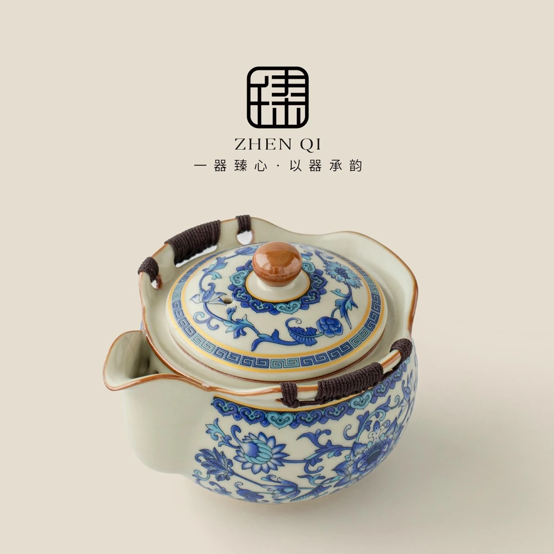 青花汝窑盖碗茶杯单个高档防烫手抓壶家用茶碗泡茶一人饮功夫茶具