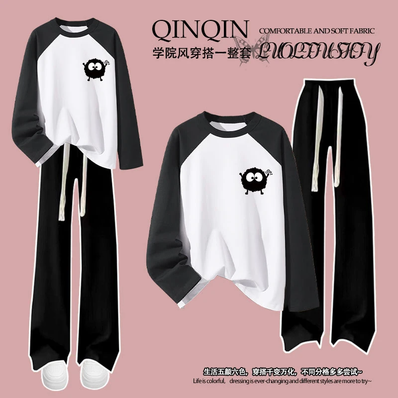 男女童插肩长袖T恤长裤春秋套装中大童卡通洋气小煤球印花两件套