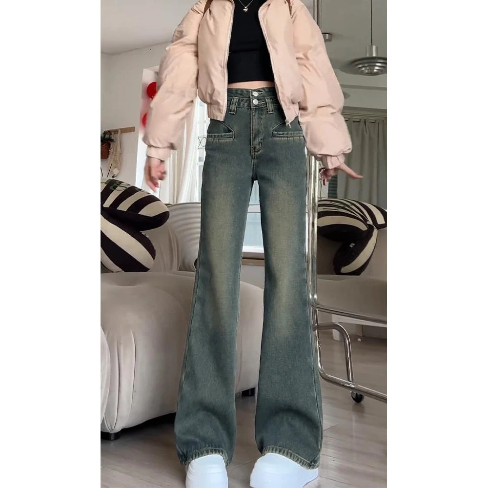 2025春季新款日系设计感通勤时尚休闲宽松高腰百搭直筒牛仔裤阔腿