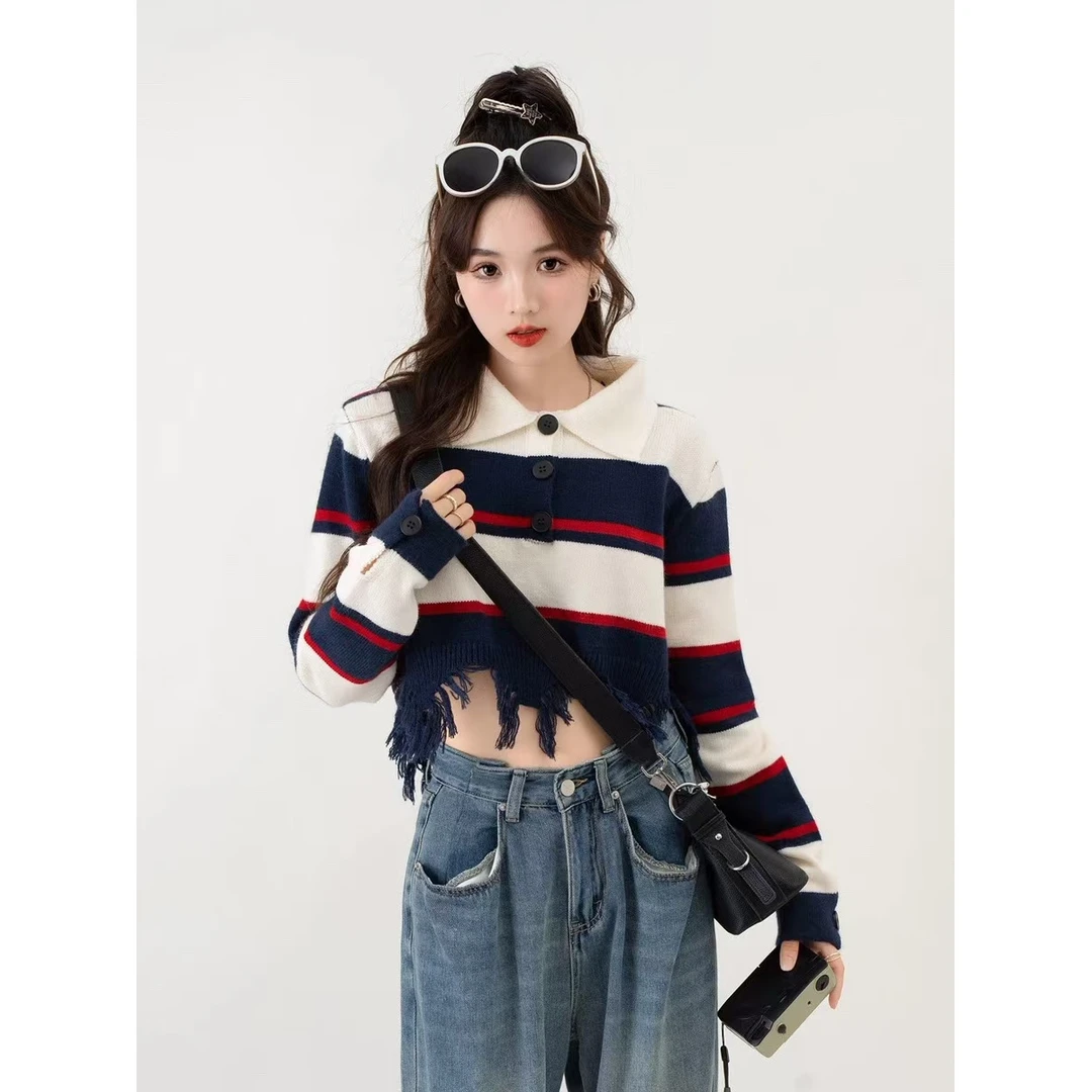 7384 美式复古毛衣秋冬学院慵懒风针织衫2024新款设计感翻领条纹