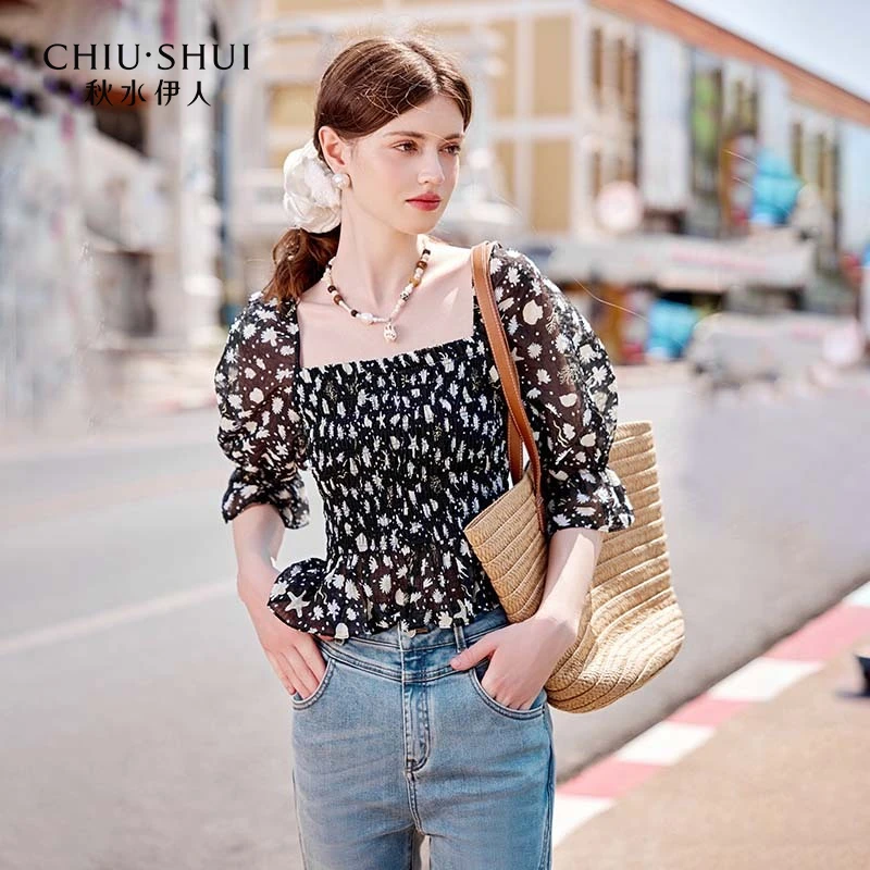 【品牌折扣】秋水伊人方领衬衫花苞袖露腰宽松优雅624203B050265