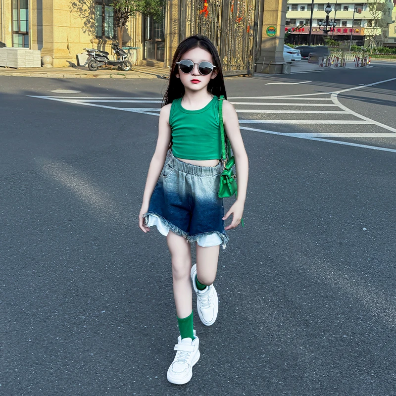 女童2025新款洋气韩版儿童夏装女孩休闲背心渐变牛仔短裤两件套潮
