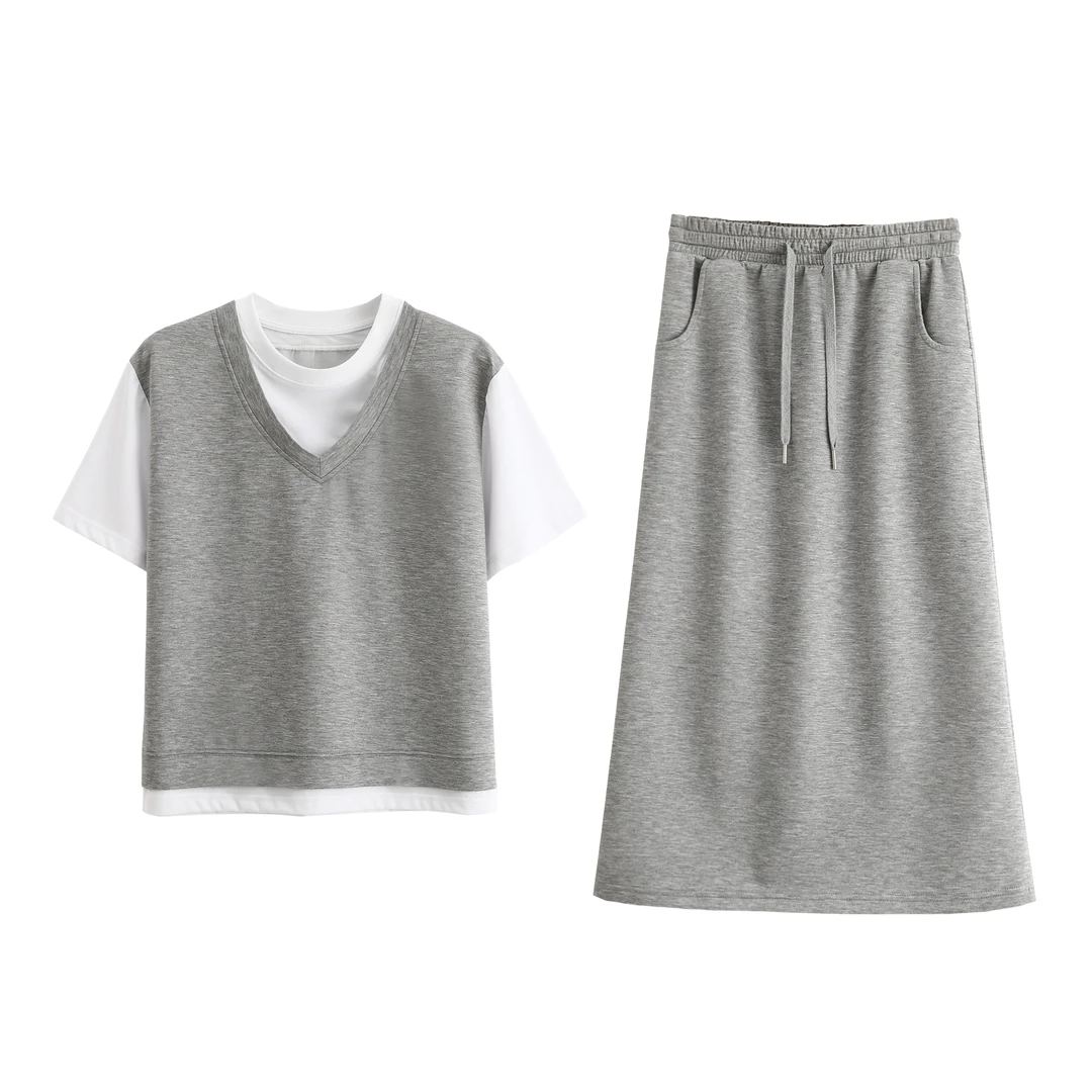 轻薄叠穿！时尚简约！假两件撞色休闲套装JY337A/CX