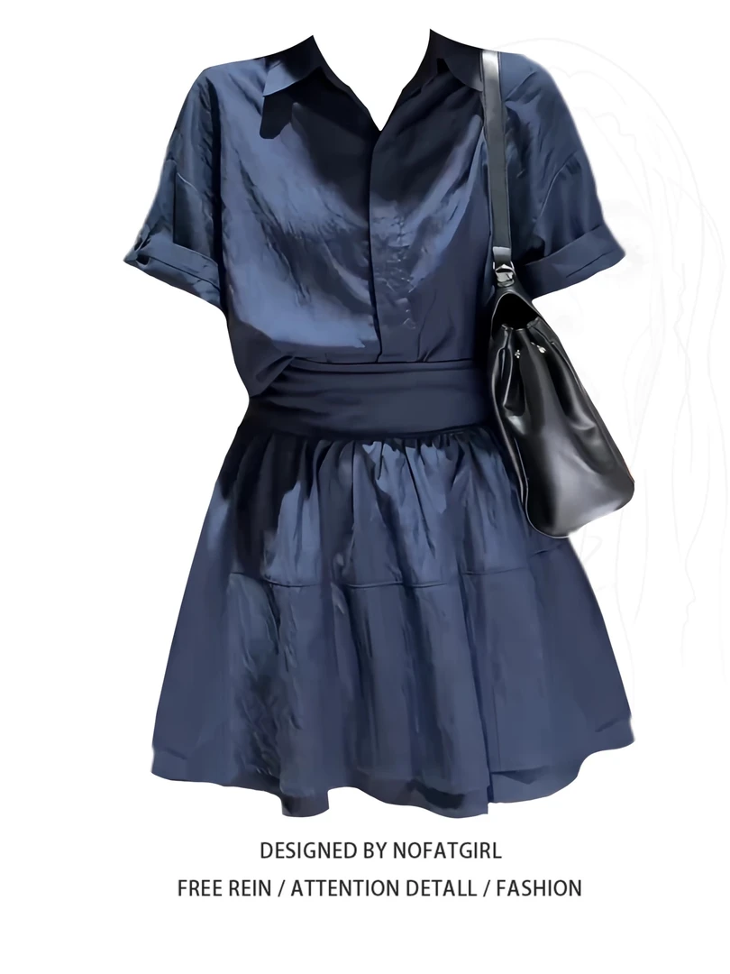 大码胖妹妹韩系polo领衬衫女+a字短裙夏季新款收腰遮肉减龄两件套