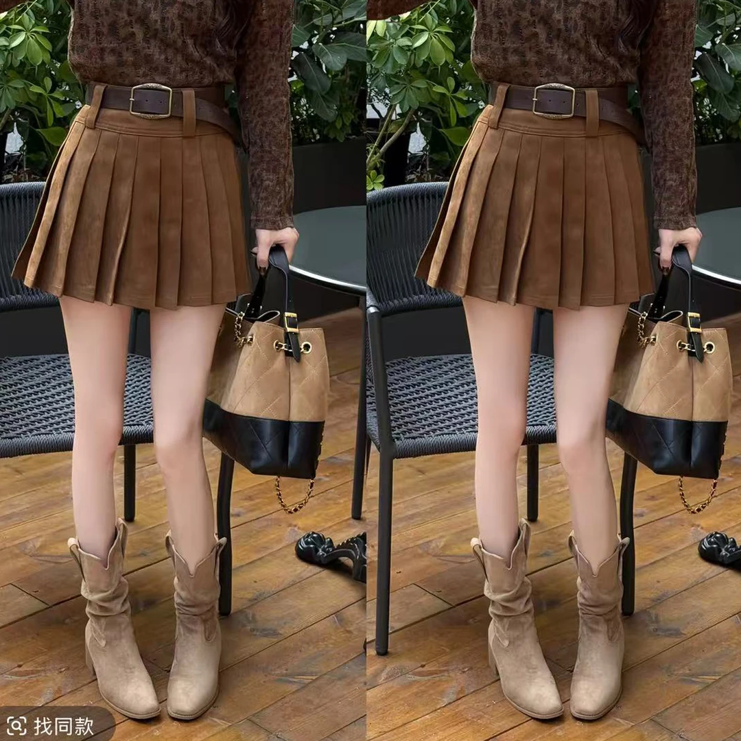 2025早秋新款韩版时尚百搭高腰显瘦A字半身裙女防走光百褶短裙子