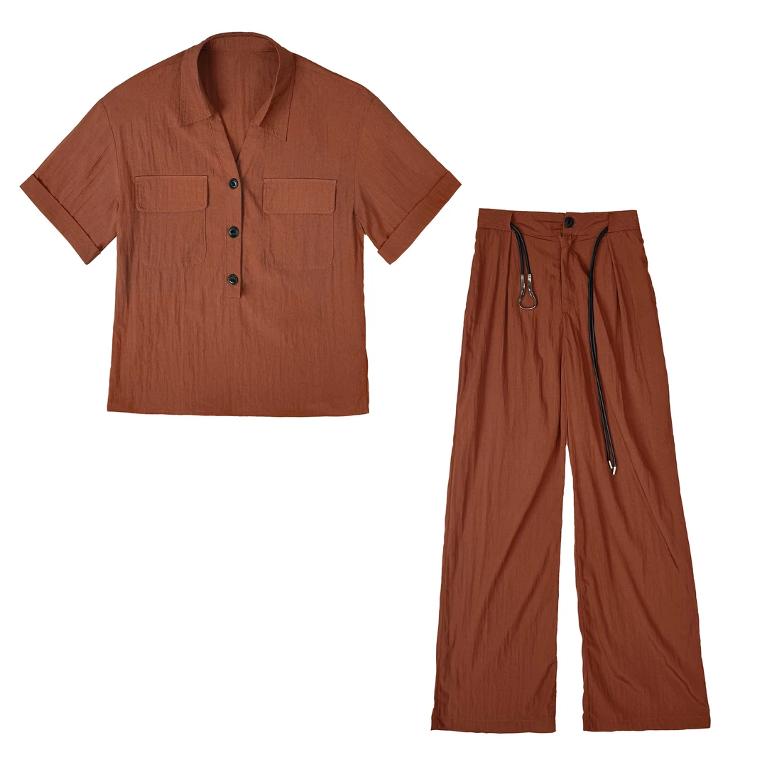 【肖肖专属】夏季气质时尚高腰休闲复古短袖上衣阔腿裤三件套10240