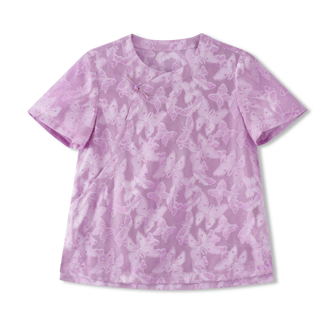 海月-YZ252301新中式蜀锦桑蚕丝中国风复古气质短袖上衣女