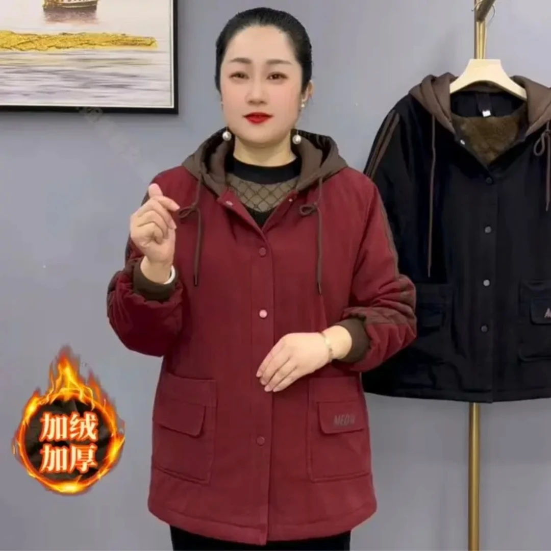 冬季新款连帽加绒加厚宽松显瘦中老年妈妈装棉服外套3093