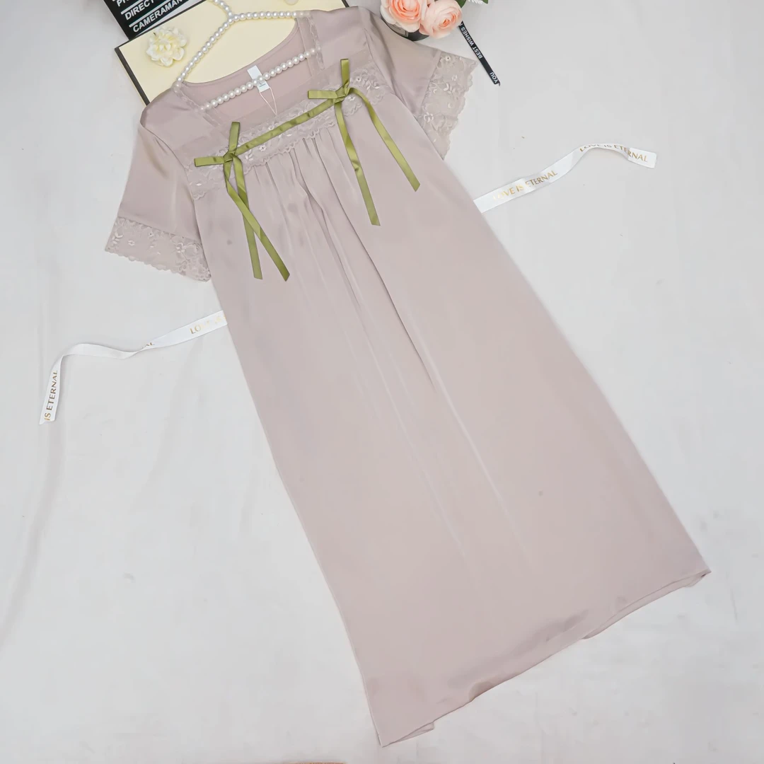 【冰雪丝】高级奶奶灰睡衣女款爆款2025新款双蝴蝶结蕾丝花边家居服