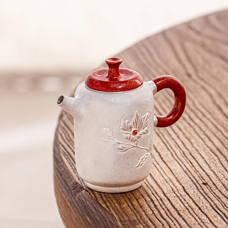 蜂鸟工坊 素小姐 红漆把漆盖牡丹嵌宝石桶形小壶 SXJA1029