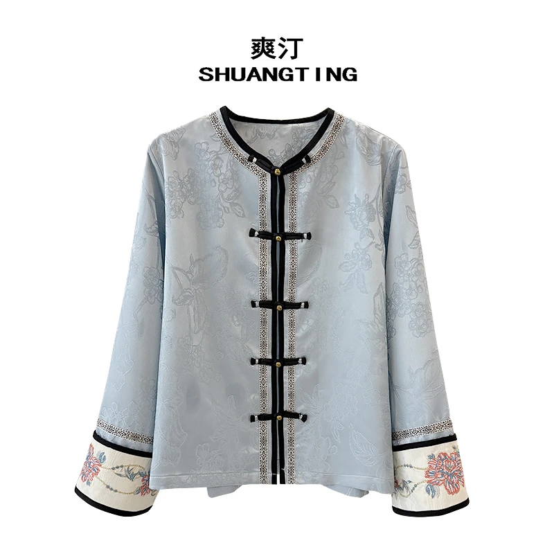 Jokara/丘可儿【雾蓝】新中式时尚盘扣印花上衣气质薄款外套春