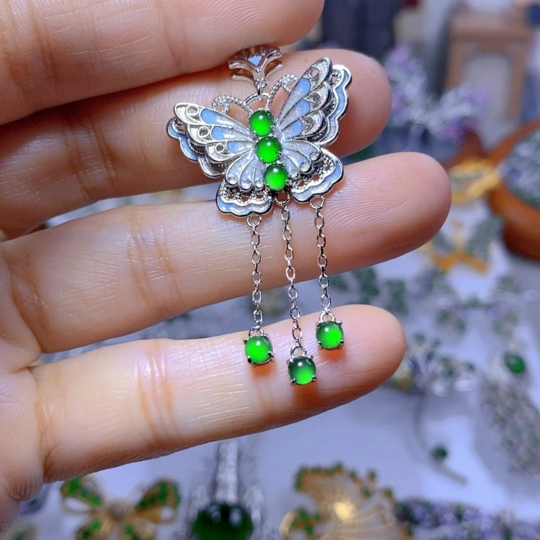 翡翠耳钉银S925镶嵌天然翡翠