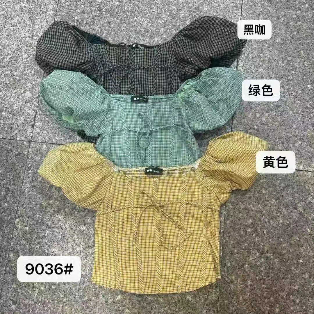 雯雯家 2025夏季新款方领绑带小格纹显瘦上衣