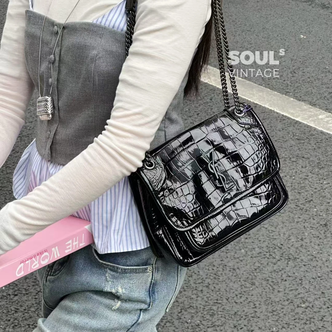 95新 YSL/圣罗兰 fl88/黑色亮面鳄压纹niki小号单肩包/673269618