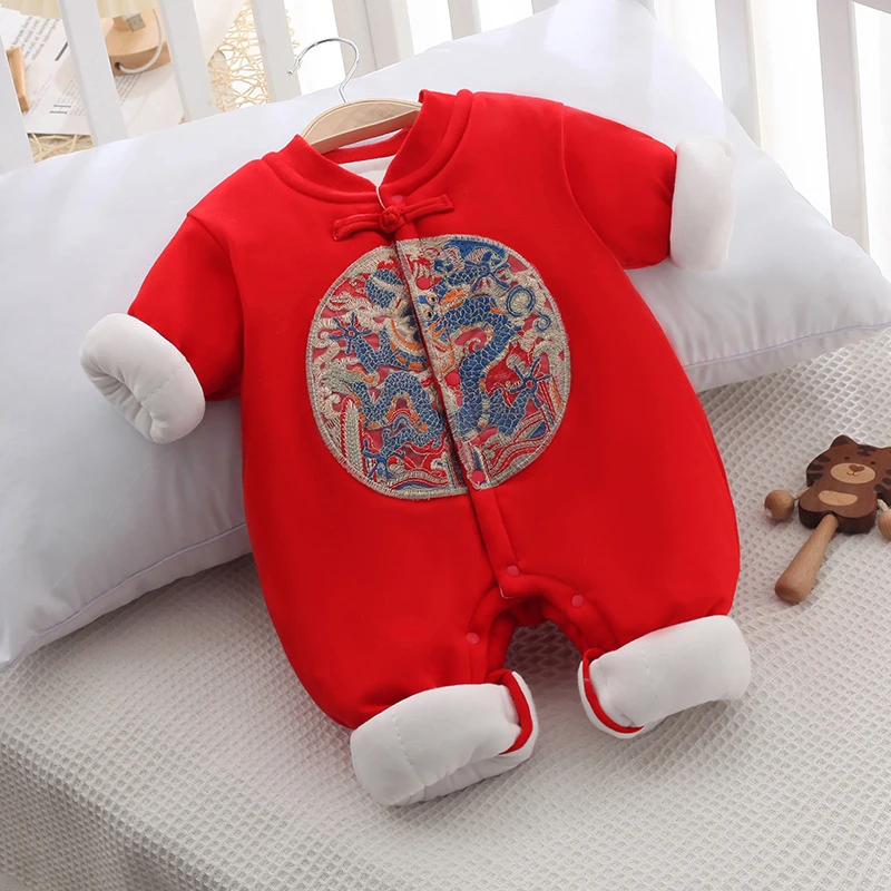 220g外出拜年服0-15度新生儿无骨夹棉连体衣加厚宝宝大红色满月服