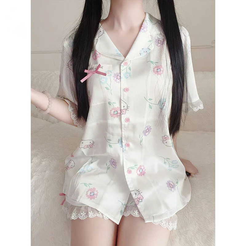 法式可爱少女公主风HelloKitty印花冰丝睡衣女夏季新款家居服套装