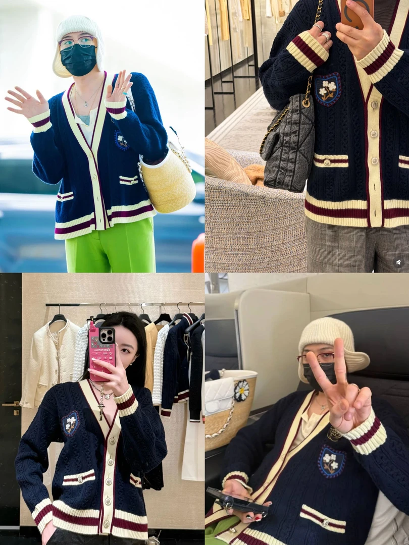 学院派 山茶花卉亮片徽章刺绣撞色边V领软糯针织开衫外套250683