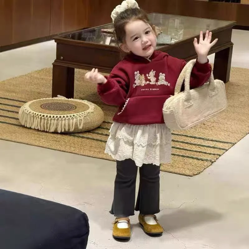 女童加绒卫衣冬新款女宝加厚可爱上衣小女孩印花连帽套头衫31277