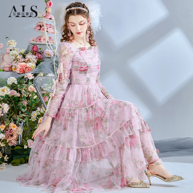 【洛神之花】甜美粉色印花连衣裙重工蕾丝方领中长款公主HL017CH