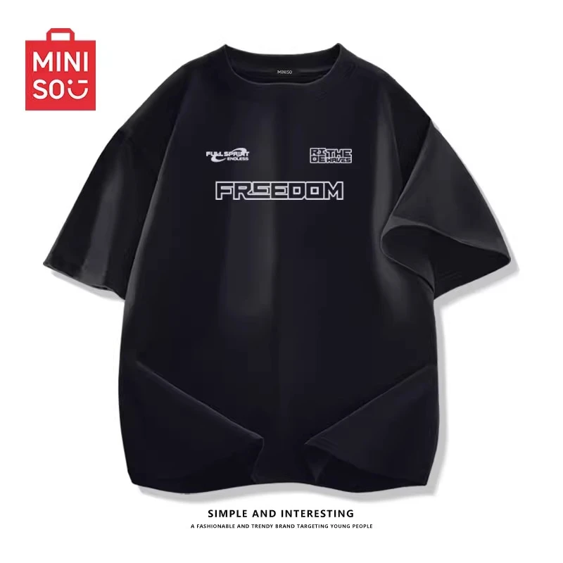 名创优品高街美式纯棉短袖男夏季百搭黑色正肩t恤衫简约字母半袖