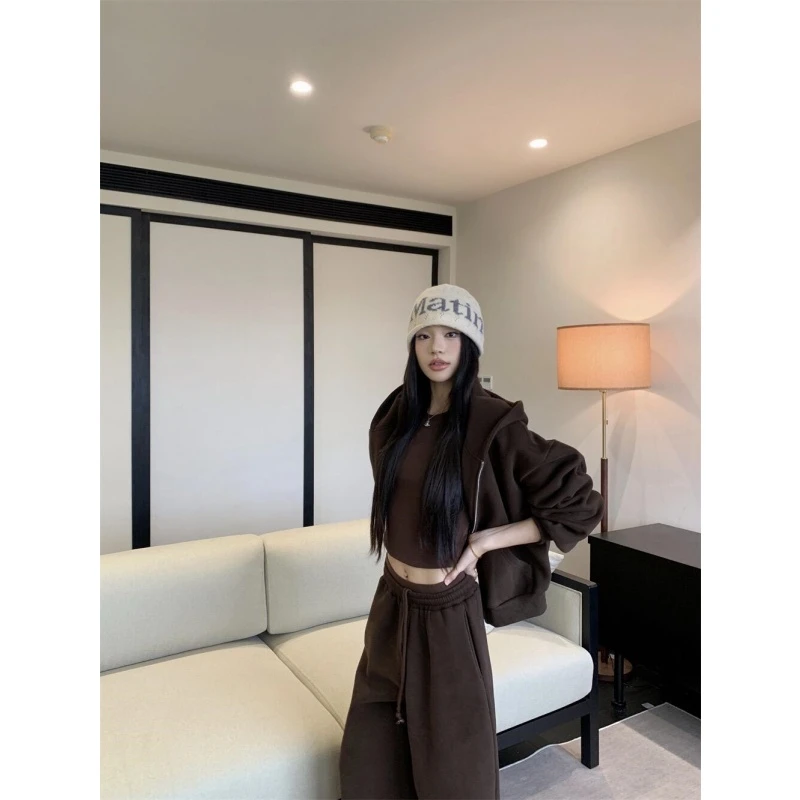 休闲慵懒风套装女咖色连帽卫衣开衫外套秋季打底衫阔腿长裤三件套