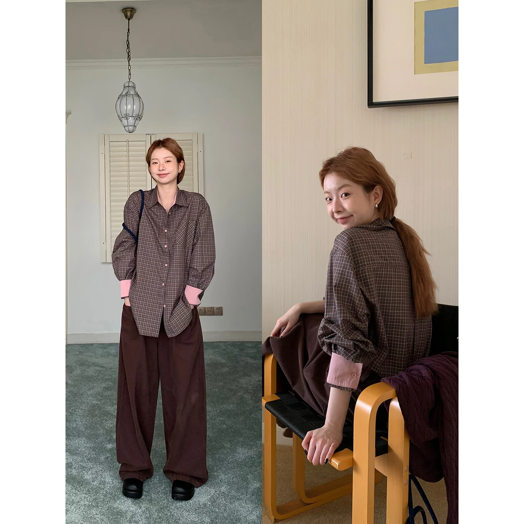 【板栗可可衬衫】秋季学院风复古文艺撞色格子宽松BC衬衫253A4104#