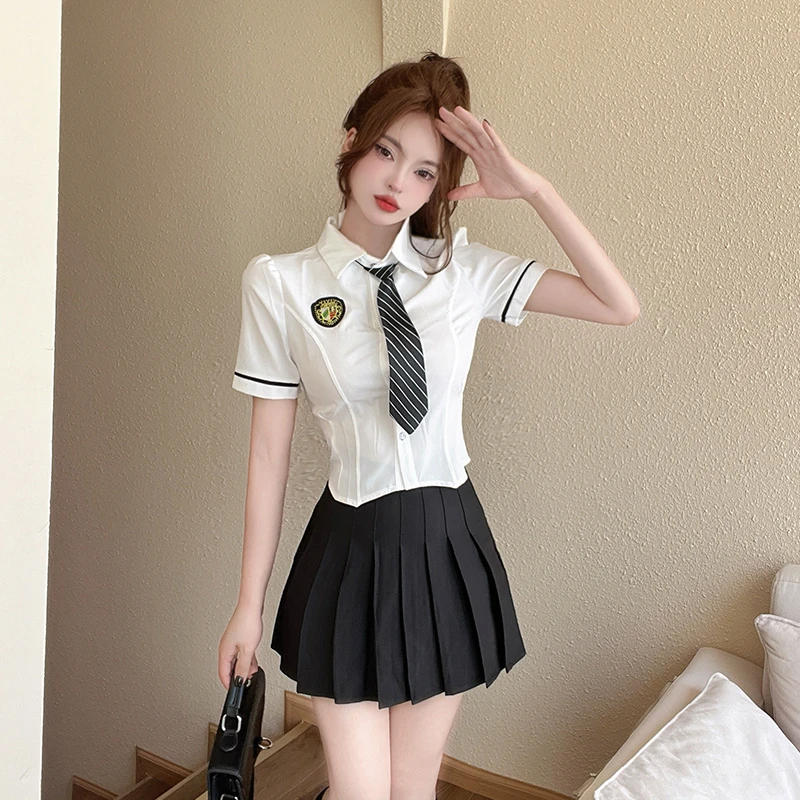 英伦校服减龄学院风套装女白色短袖衬衣+百褶裙jk衬衫制服两件套