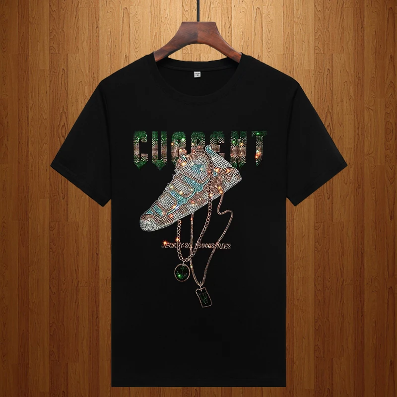 TERINELO/黛芮奈勒夏季烫钻男士短袖t恤青年大码纯棉半袖潮体恤