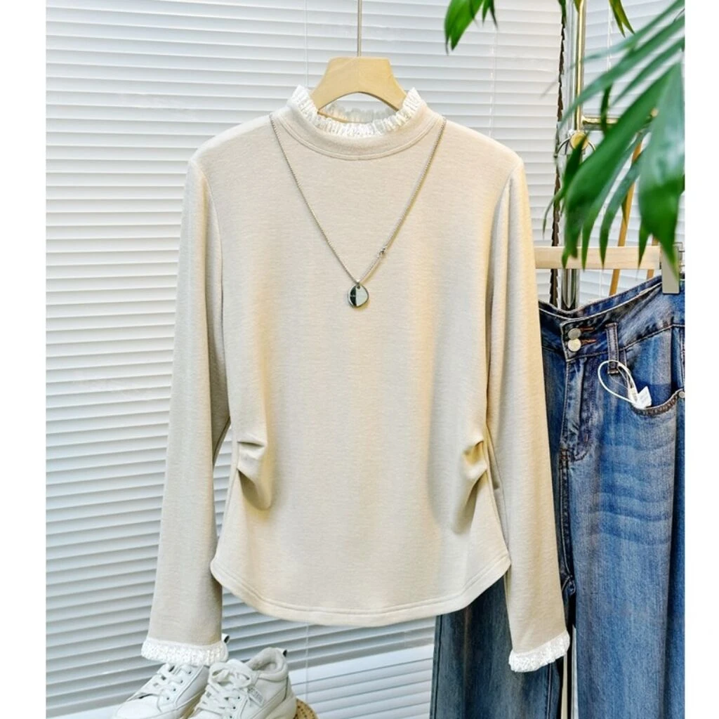 2025秋冬新款德绒木耳边半高领加绒打底衫