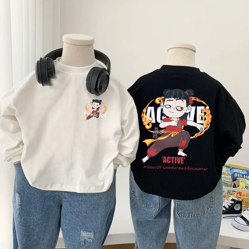 爆款童装100%纯棉春秋新款儿童哪吒长袖T恤男女童上衣宝宝打底衫