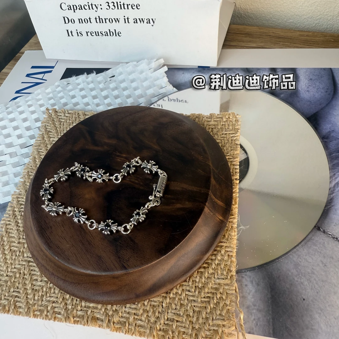 铜合金珐琅手链 （镀银）十字架细链黑色锆石手链SL-1008