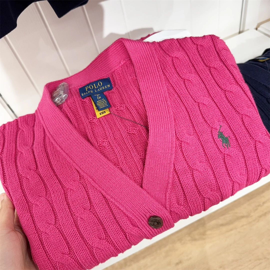 Ralph Lauren/拉夫劳伦 专柜款女大童V领开衫毛衣玫红色