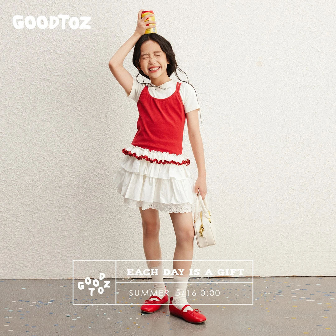 GOOD TOZ 5/2【甜夏香氛】中大童女童花边下摆假两件撞色T恤夏季