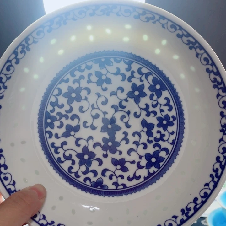 青花玲珑8寸窝盘紫荆花