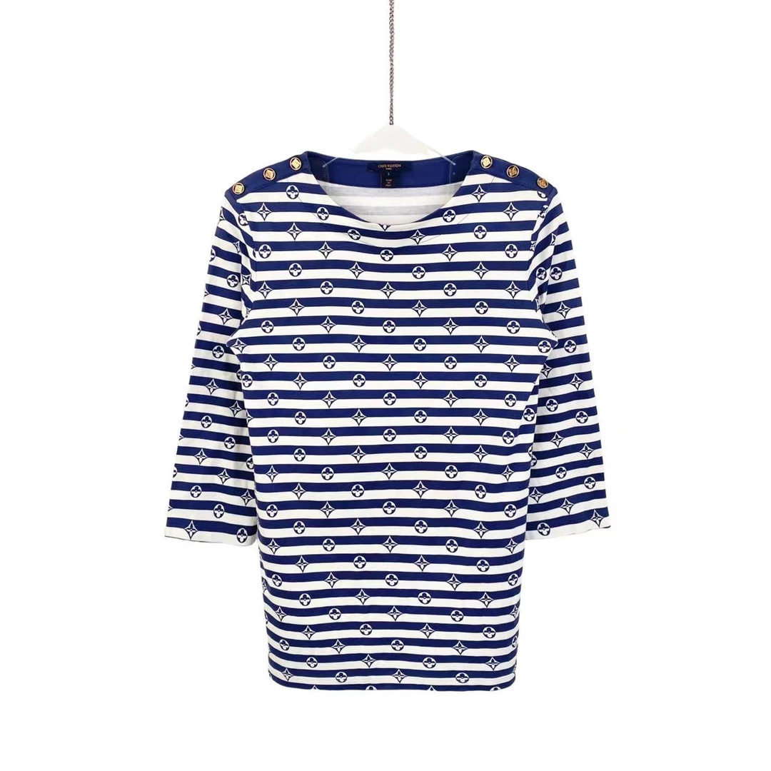 99新 LouisVuitton/路易威登 pp922 棉 条纹海军风老花长袖 L码